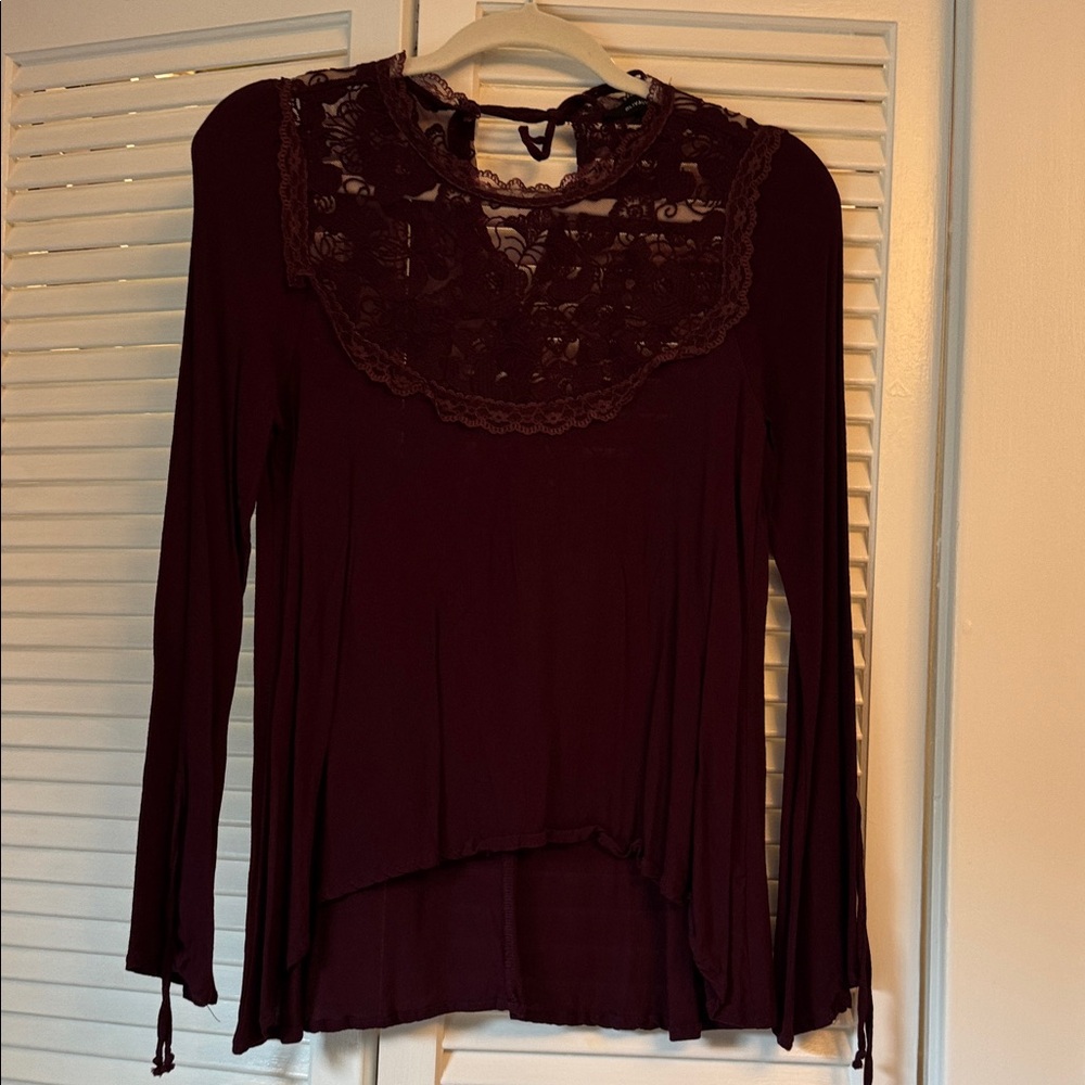 Red Asymmetrical Lace Long Sleeve Blouse